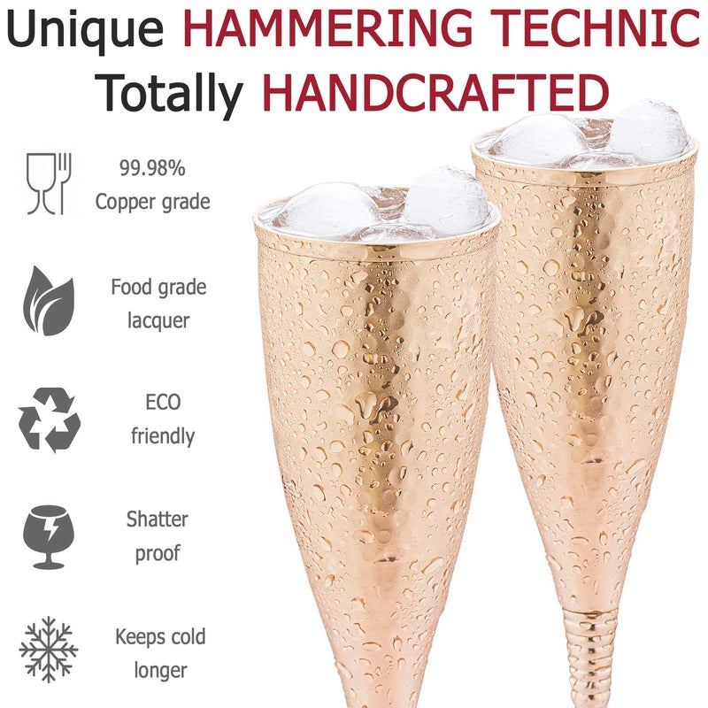 Mosscoff Copper champagne flutes of 6.7 oz set of 2 â€“ Luxurious hammered copper champagne glasses â€“ Each one is handcrafted and lacquered to prevent from tarnishing. - Image 3